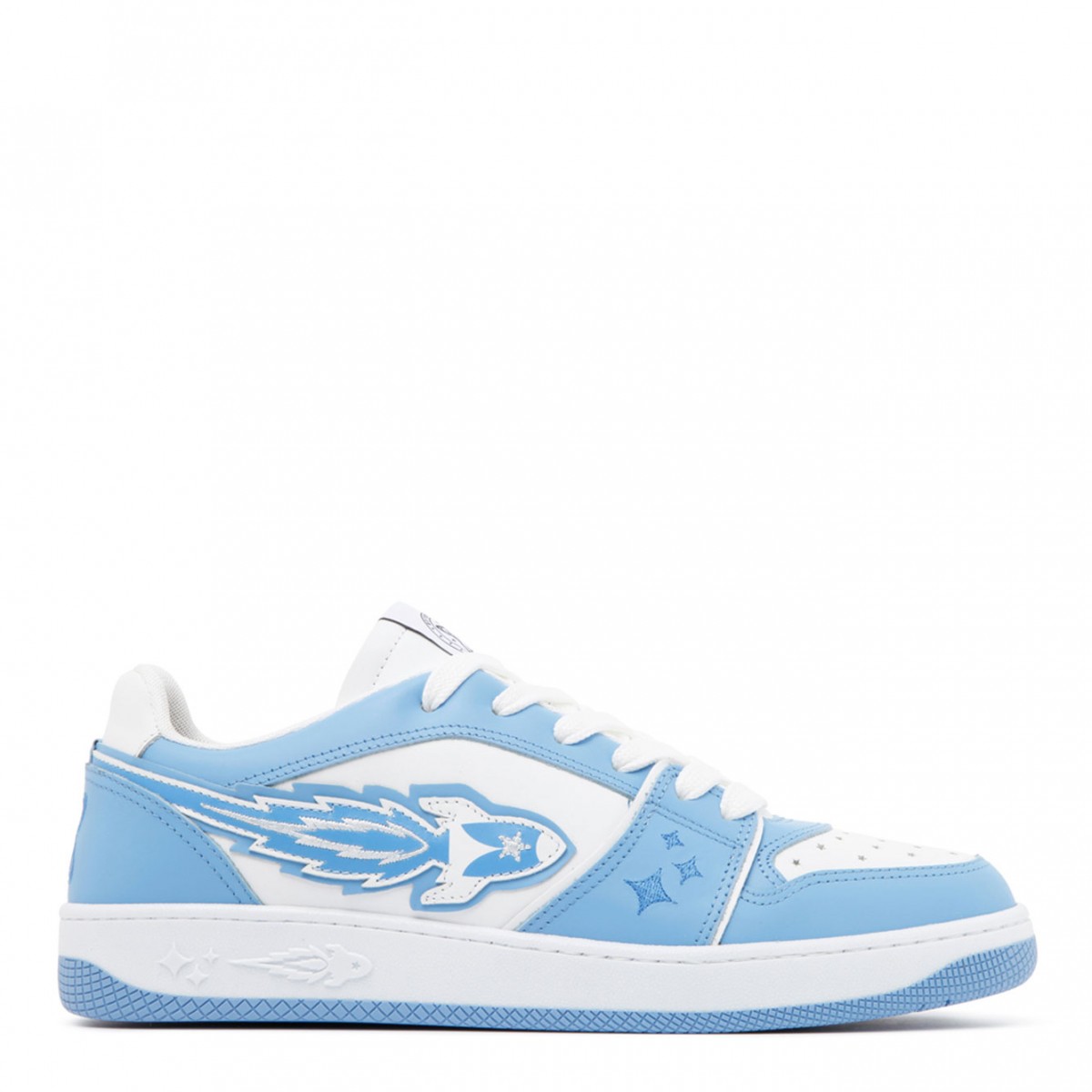 Enterprise Japan White and Blue Calf Leather Panelled Low Top Sneakers.