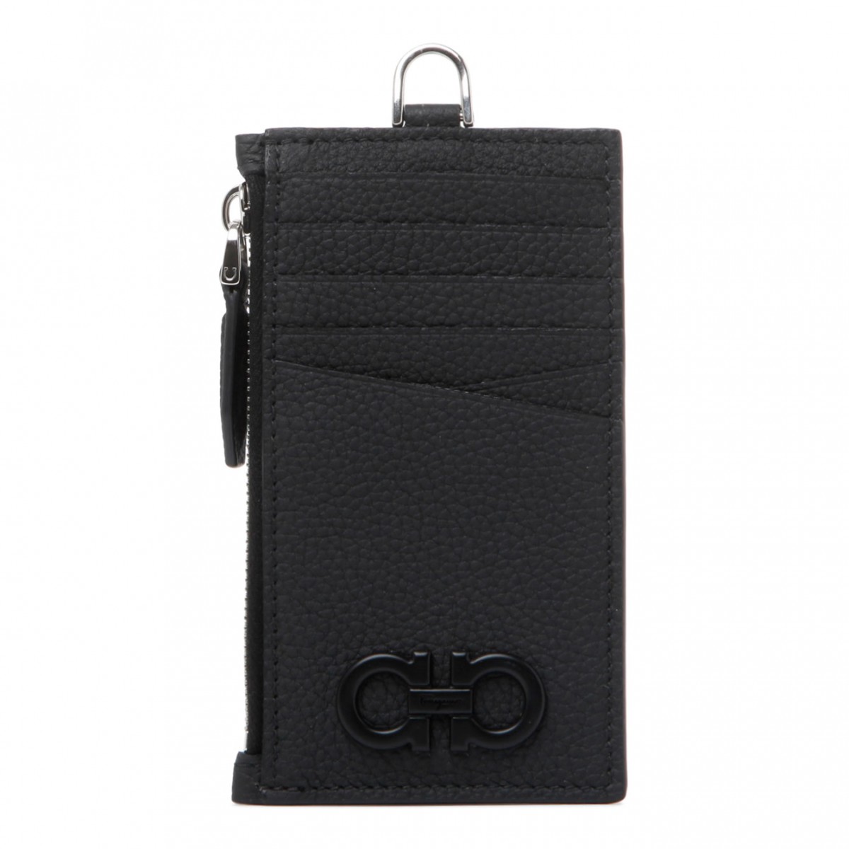 Ferragamo Black Calf Leather Card Holder With Strap. 