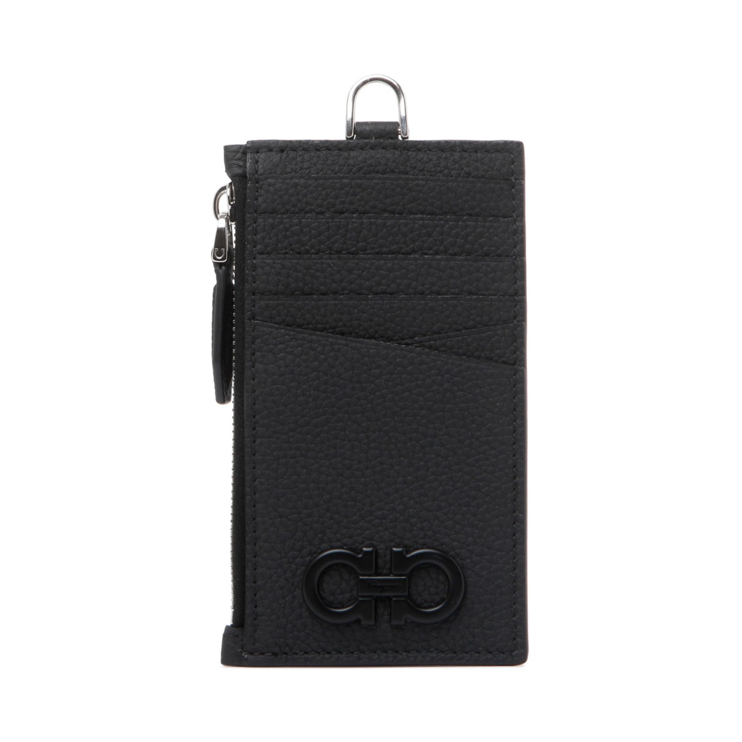 Ferragamo Black Calf Leather Card Holder With Strap.