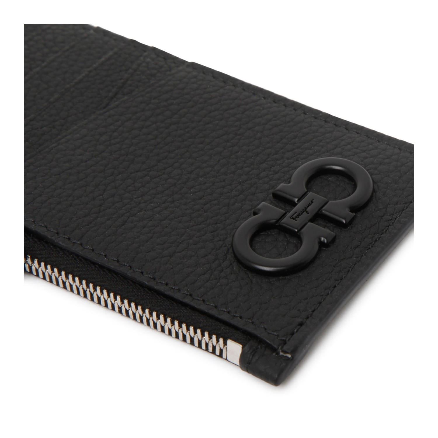 Ferragamo Black Calf Leather Card Holder With Strap.