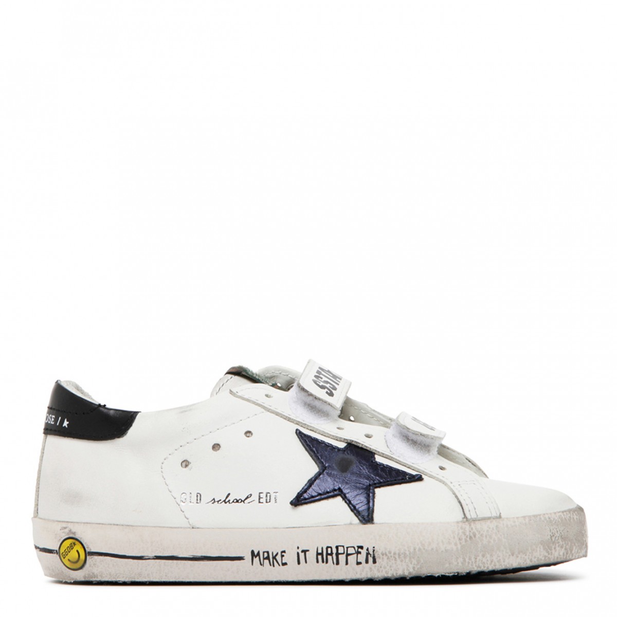 Golden Goose Kids Old School White, Navy and Black Calf Leather Touch Strap Sneakers.