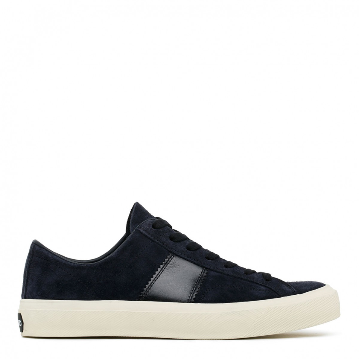 Tom Ford Navy Blue and Cream Calf Suede and Calf Leather Logo Patch Sneakers.
