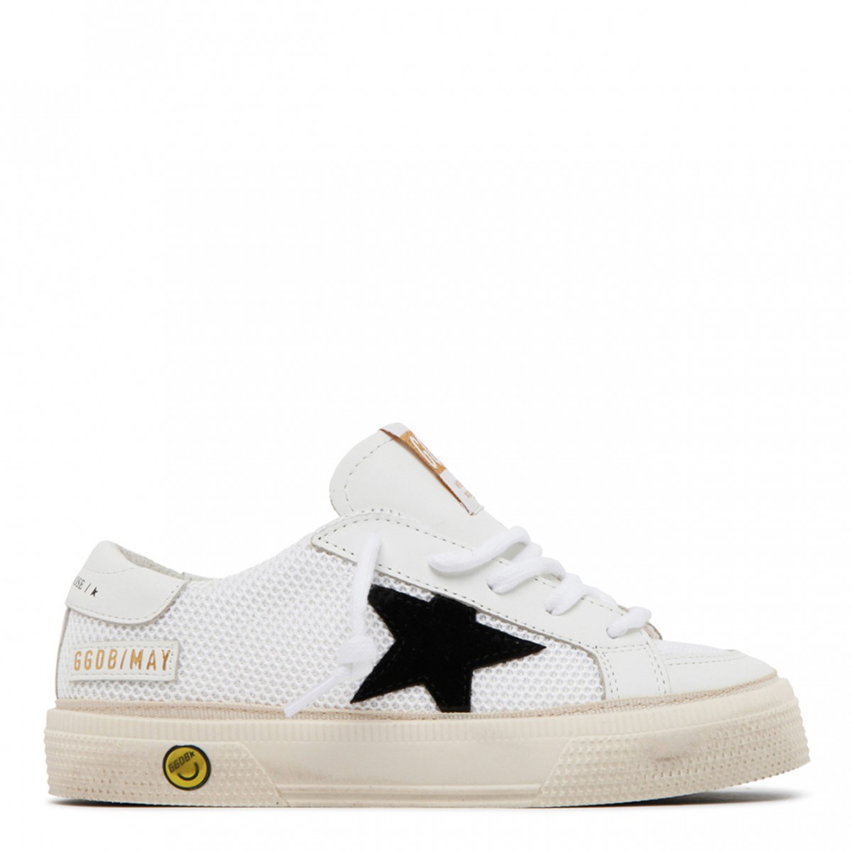 Golden Goose Kids White and Black Calf Leather May Star Patch Sneakers.