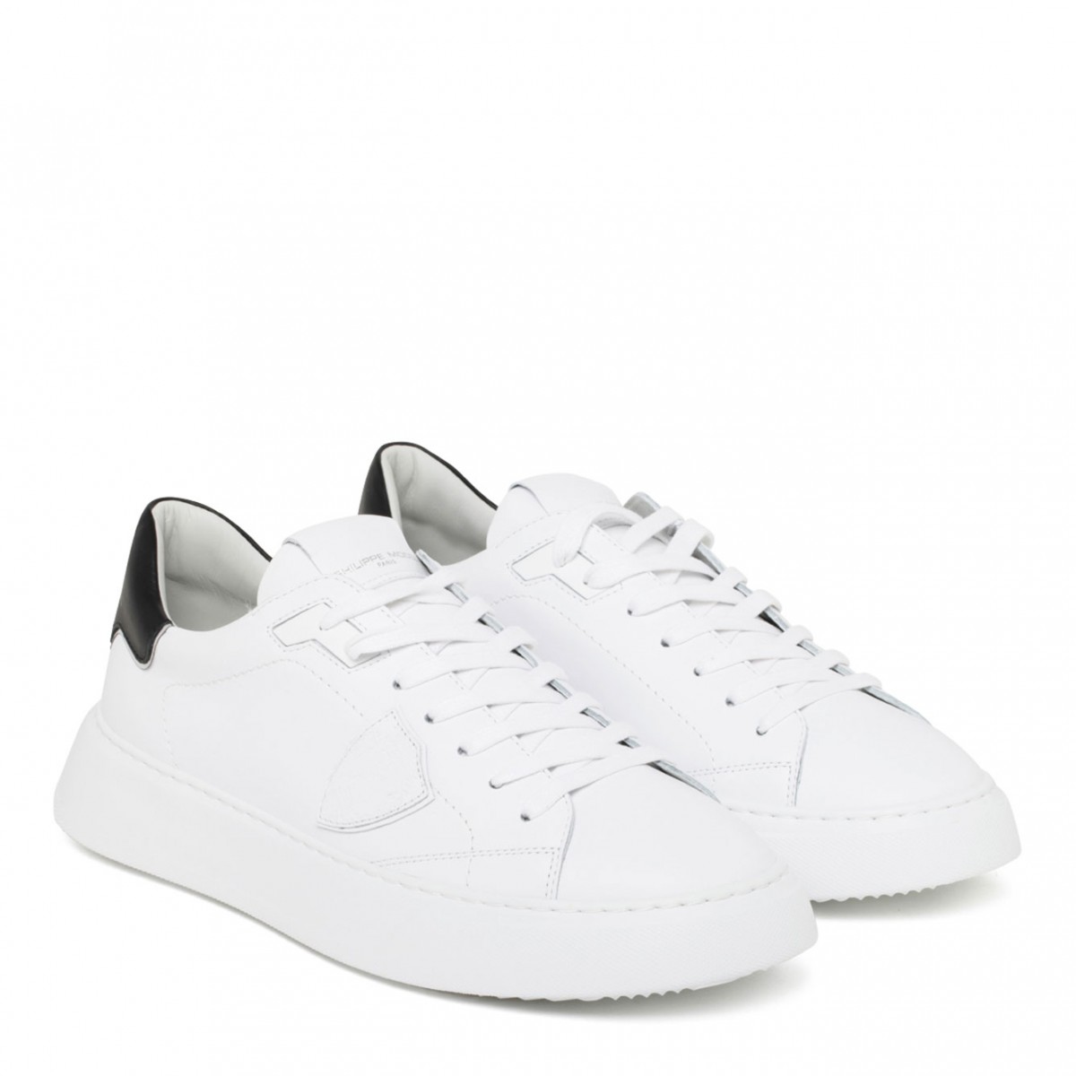White and Black Calf Leather Temple Low Top Sneakers