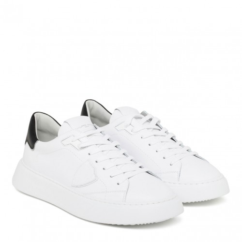 White and Black Calf Leather Temple Low Top Sneakers