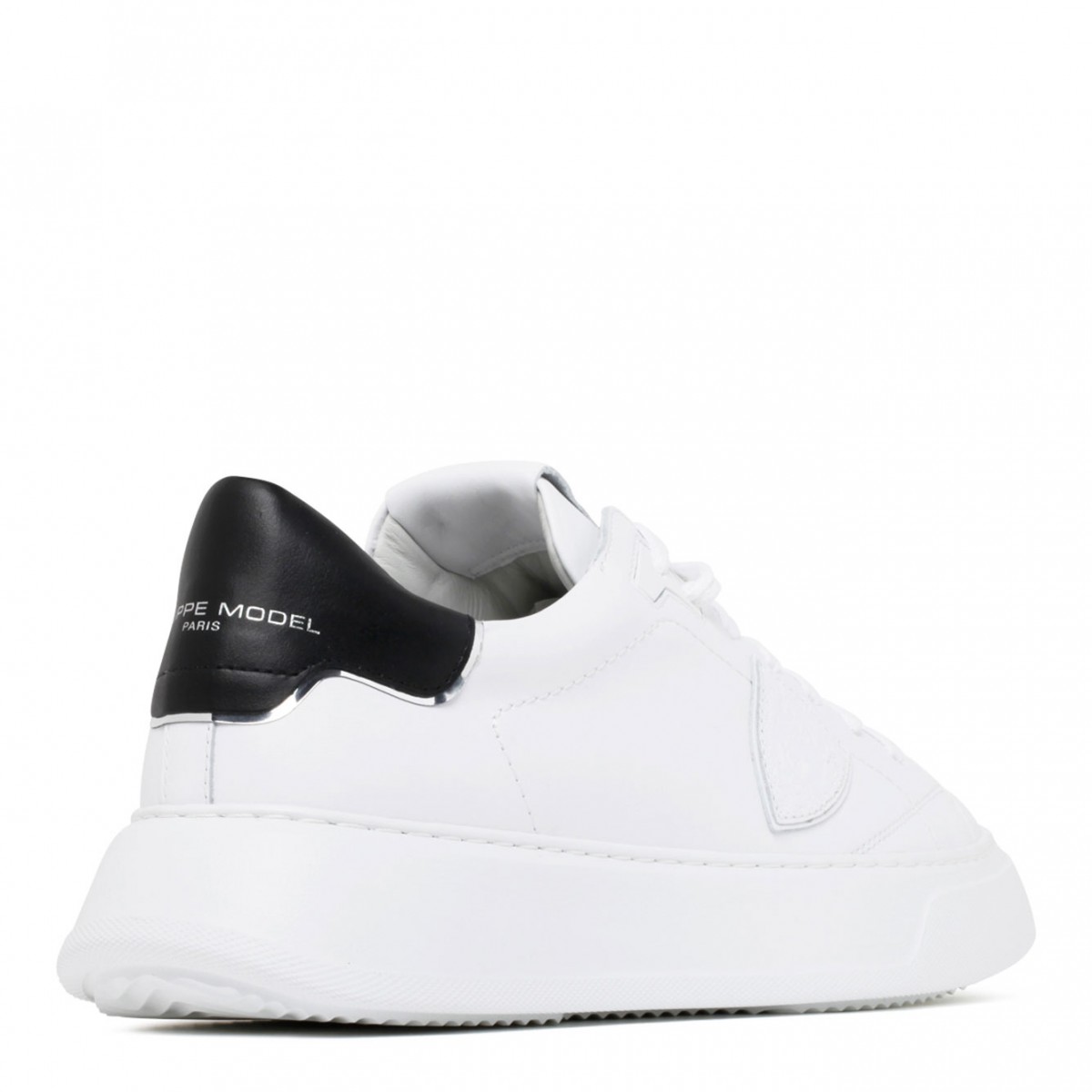 White and Black Calf Leather Temple Low Top Sneakers
