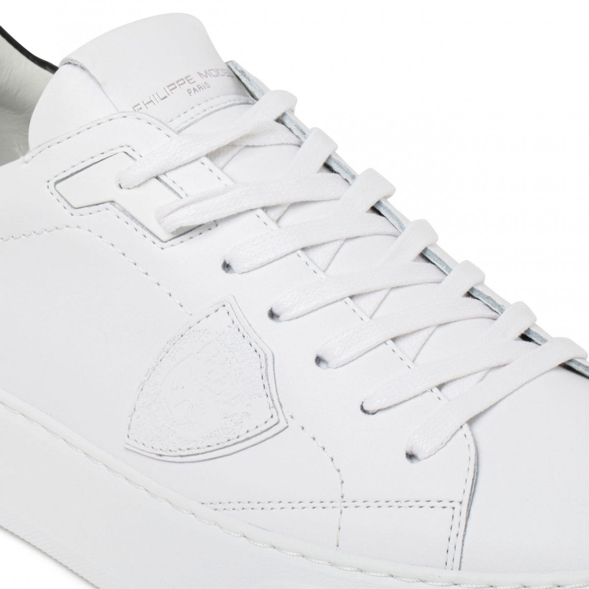 White and Black Calf Leather Temple Low Top Sneakers