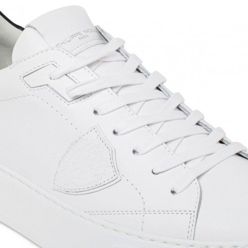 White and Black Calf Leather Temple Low Top Sneakers
