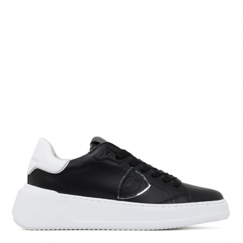 Black and White Calf Leather Tres Temple Low Top Sneakers