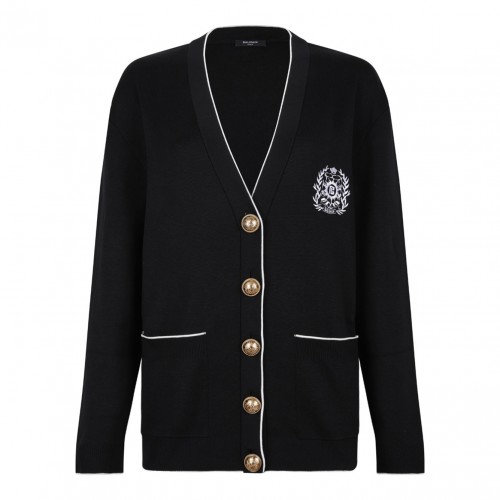Black Embleme-Embroidered Knit Cardigan