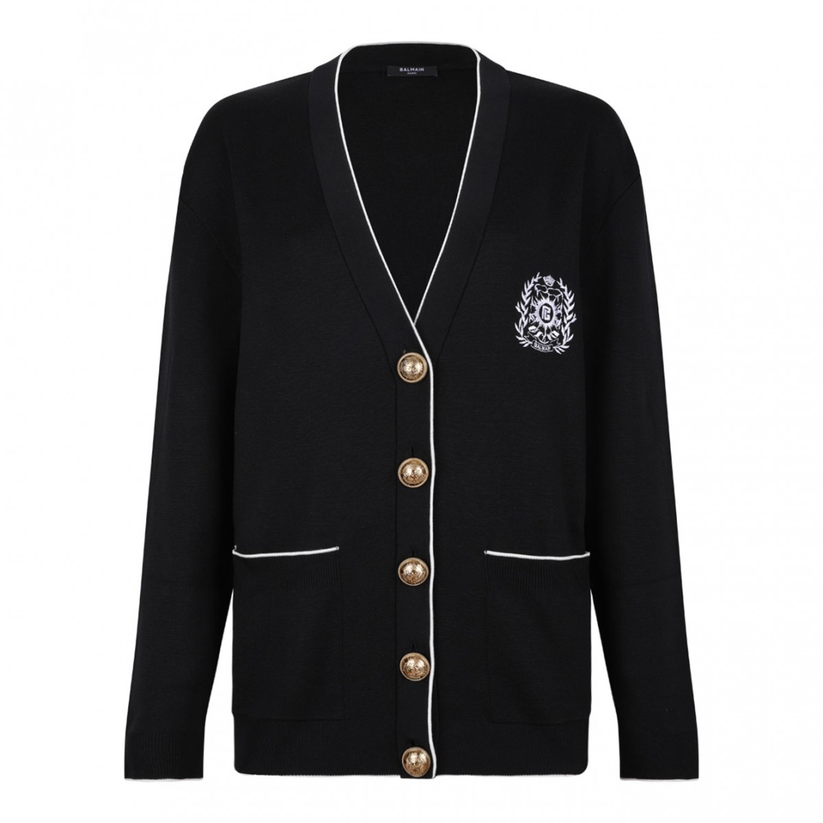 Black Embleme-Embroidered Knit Cardigan