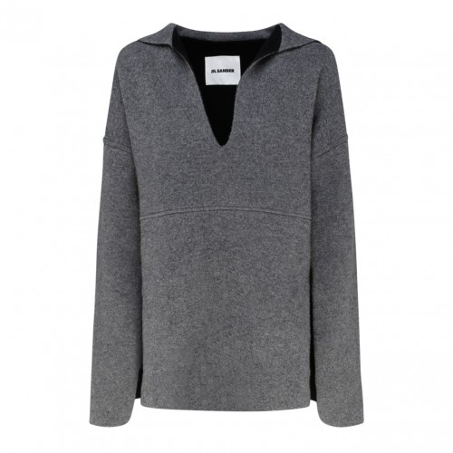 Grey Virgin Wool Neckline Knit Sweater