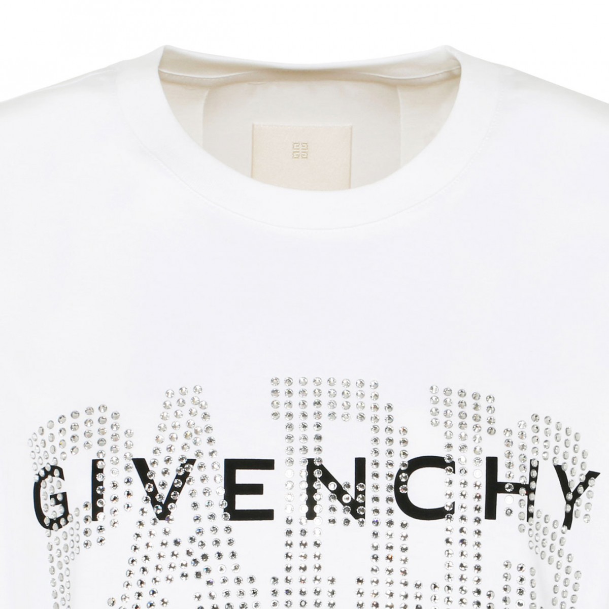 White Cotton Rhinestones Logo Print T-Shirt