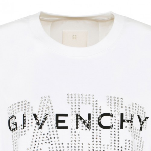 White Cotton Rhinestones Logo Print T-Shirt