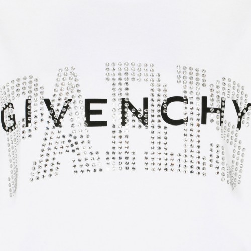 White Cotton Rhinestones Logo Print T-Shirt