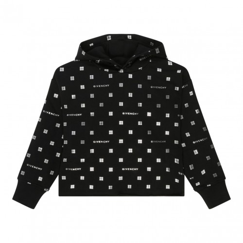 Black Cotton Monogram Print Hoodie
