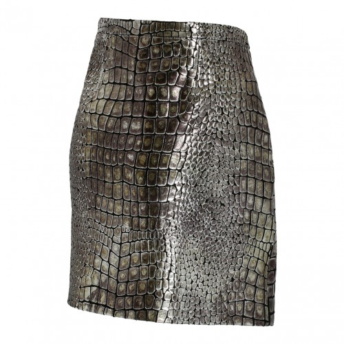 Silver Tone Croc Effect Leather Mini Skirt