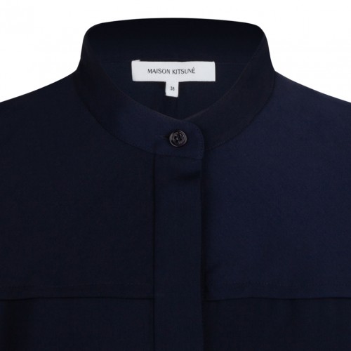 Maison Kitsun Navy Blue Collarless Shirt