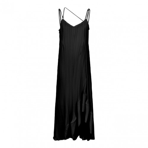 Straps Pleated Long Black Dress