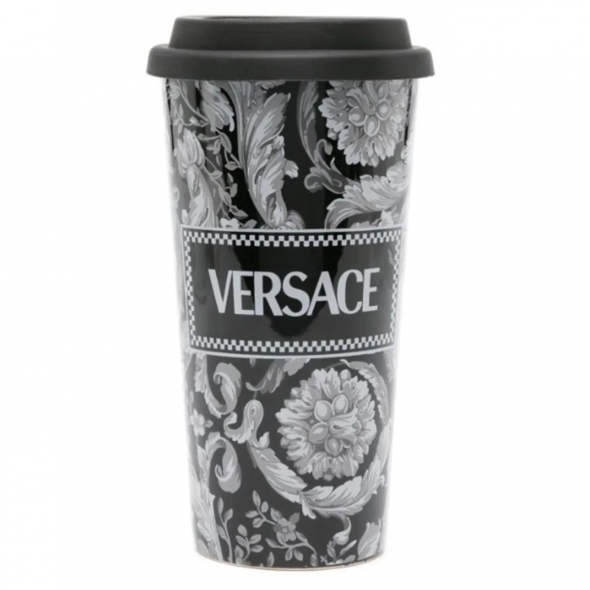 Black Barocco-Print Ceramic Travel Mug
