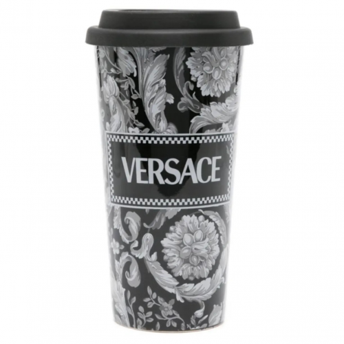 Black Barocco-Print Ceramic Travel Mug