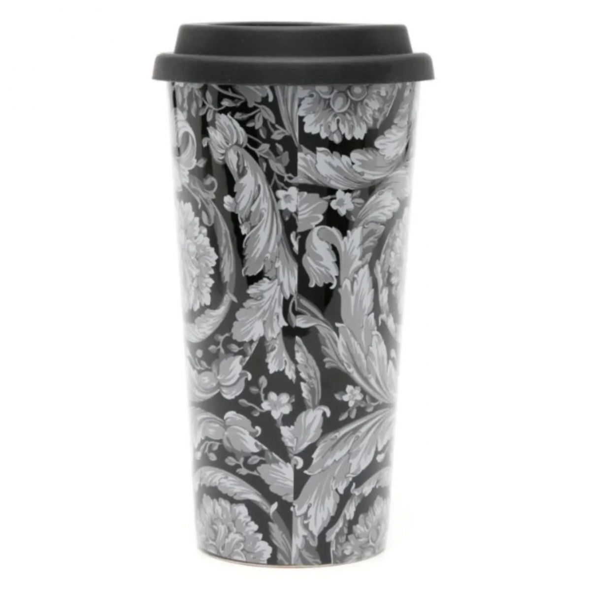 Black Barocco-Print Ceramic Travel Mug