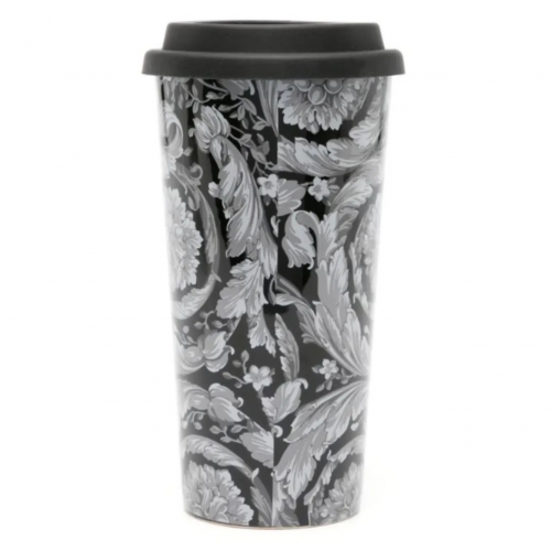 Black Barocco-Print Ceramic Travel Mug