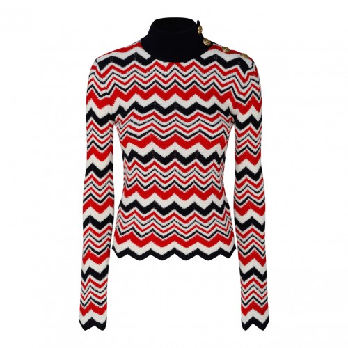 Red, White and Black Virgin Wool Chevron Knit Jumper