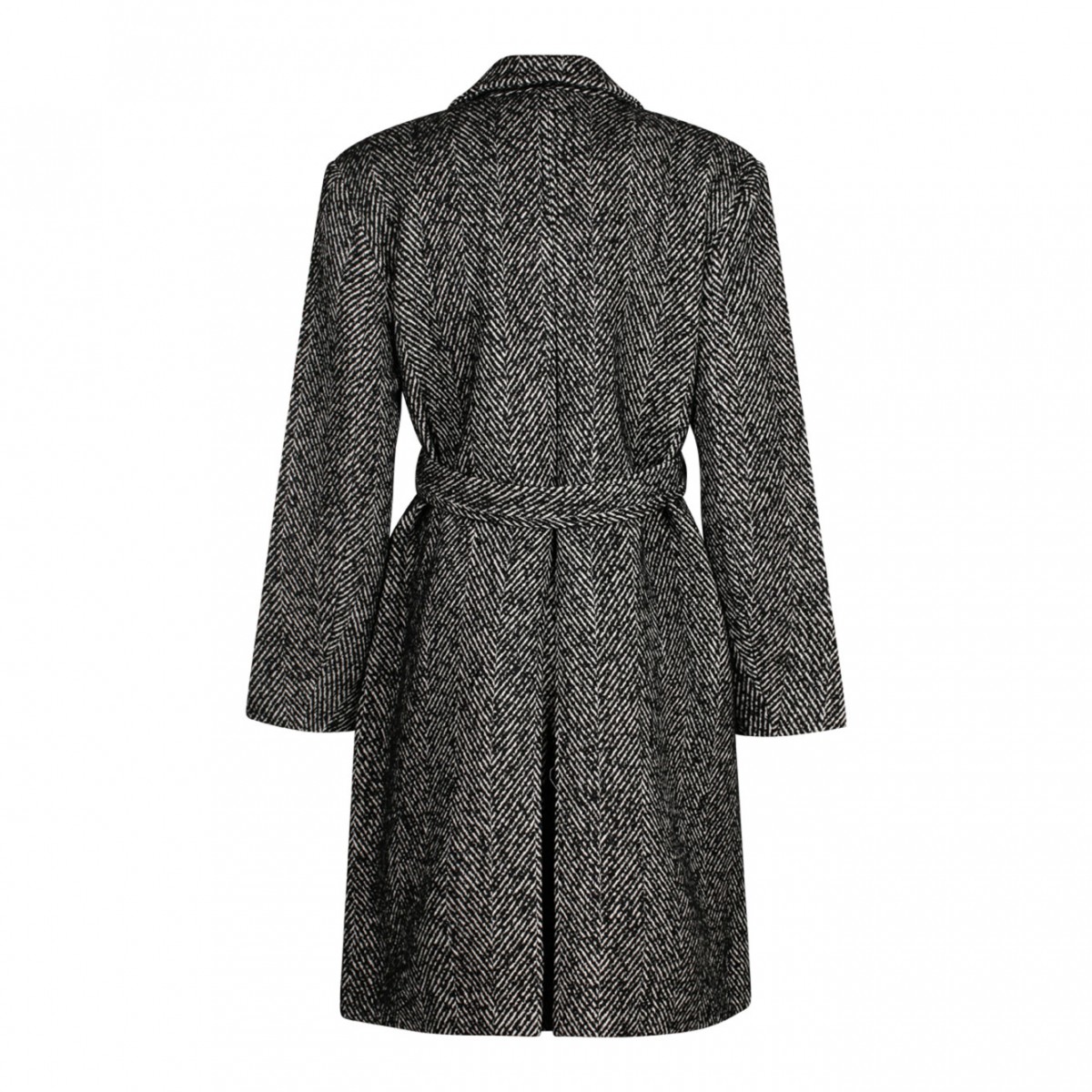 Black Herringbone Wool Belt Coat