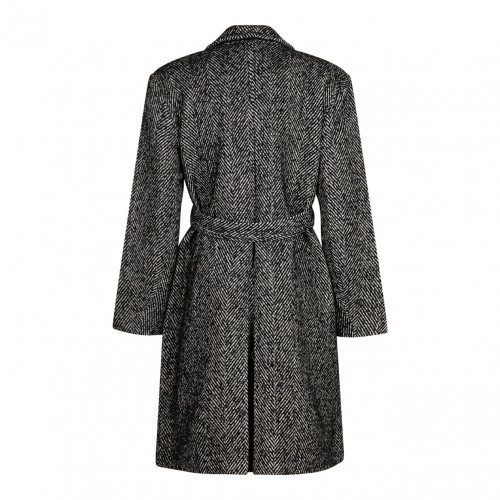 Black Herringbone Wool Belt Coat