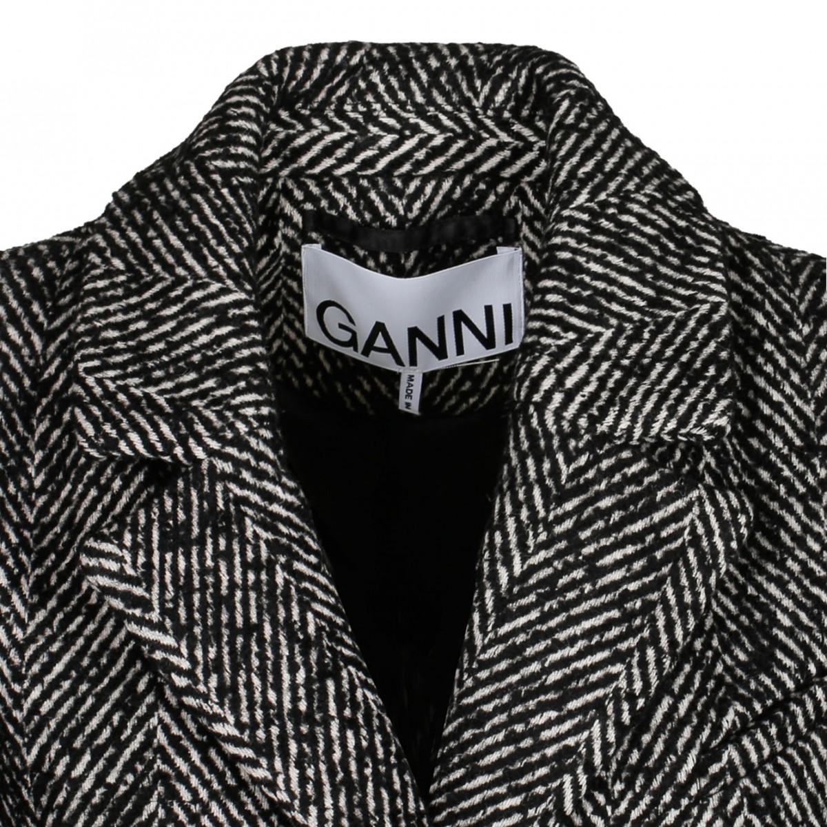 Black Herringbone Wool Belt Coat