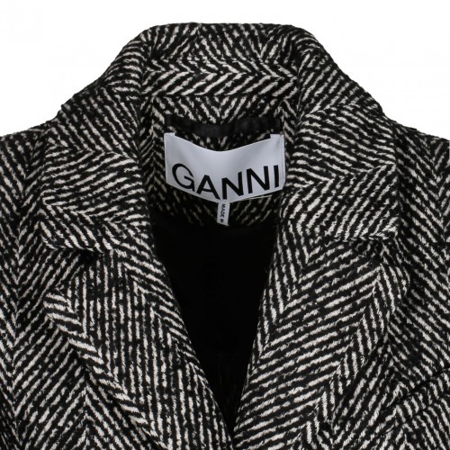 Black Herringbone Wool Belt Coat