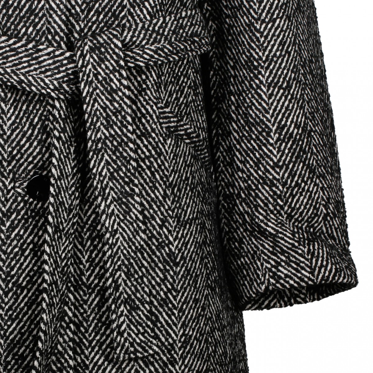 Black Herringbone Wool Belt Coat