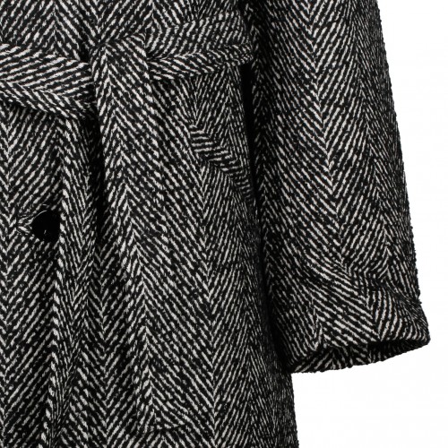 Black Herringbone Wool Belt Coat
