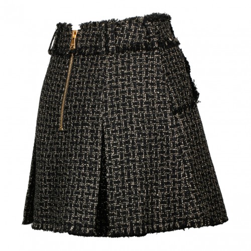 Black and Gold Tone Tweed Pleated Mini Skirt