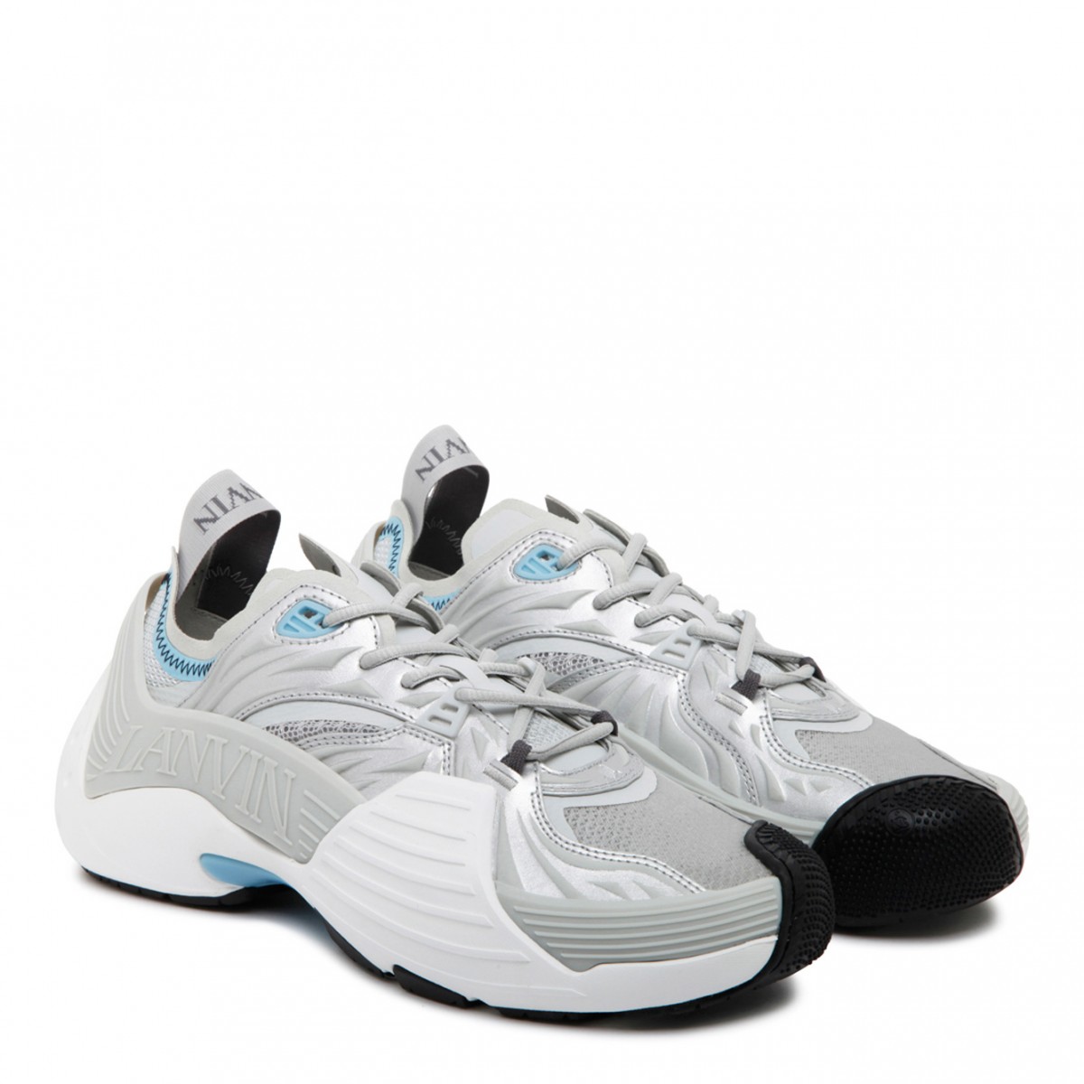 Lanvin Grey and Light Blue Calf Leather Flash X Low-Top Sneakers. 