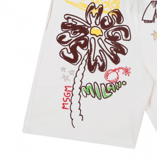 Cream White Graphic Print Shorts