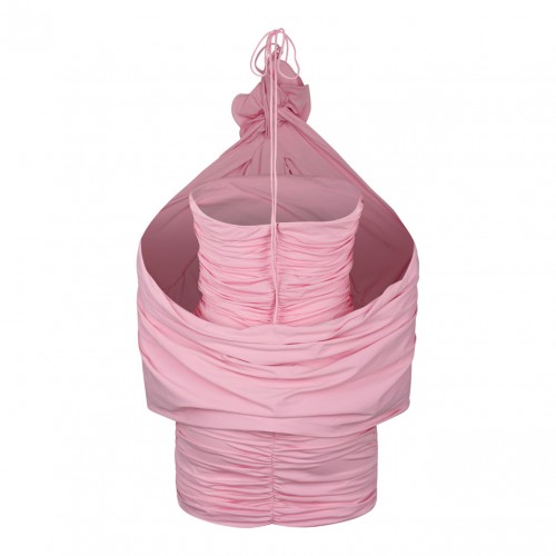 Ruched Flower Applique Wrap Pink Dress 2