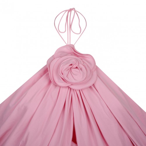 Ruched Flower Applique Wrap Pink Dress