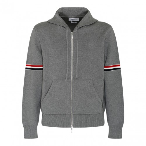 Grey Cotton Striped Zip Up Hoodie