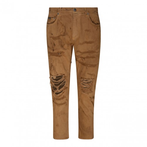 Light Brown Cotton Ripped Slim Fit Jeans