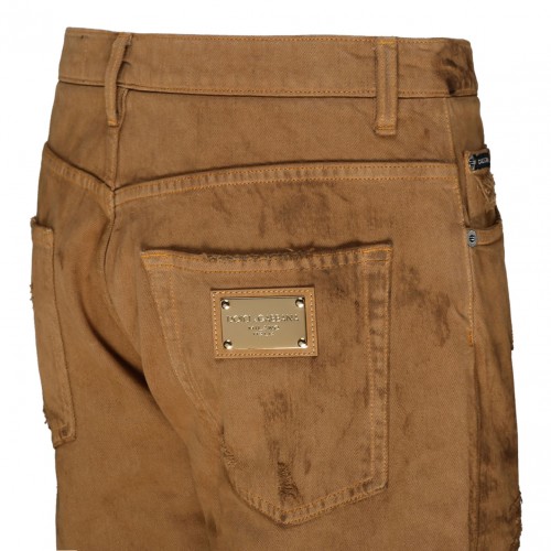 Light Brown Cotton Ripped Slim Fit Jeans