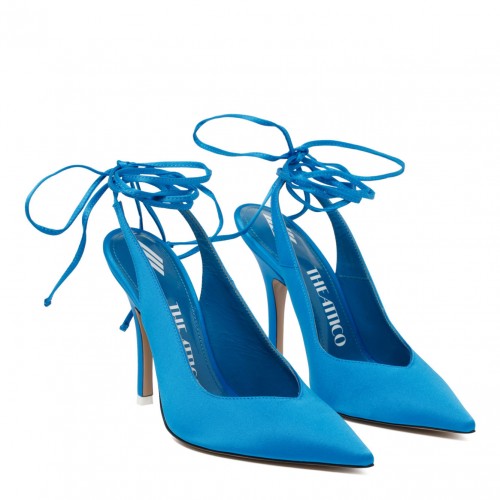 Turquoise Fabric and Leather Ankle Tied Pumps 2