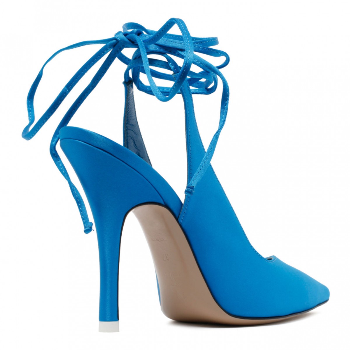 Turquoise Fabric and Leather Ankle Tied Pumps