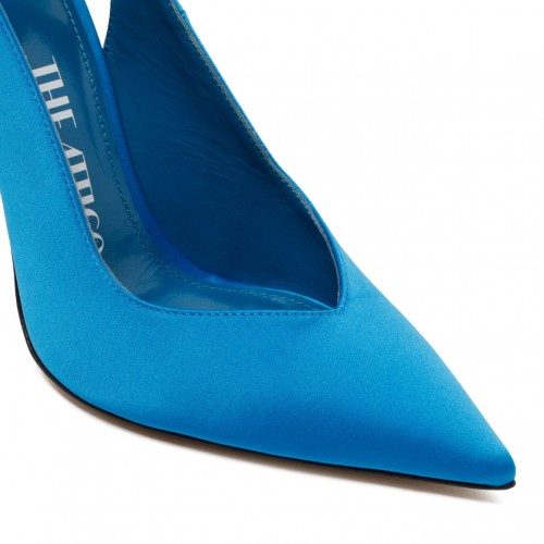 Turquoise Fabric and Leather Ankle Tied Pumps