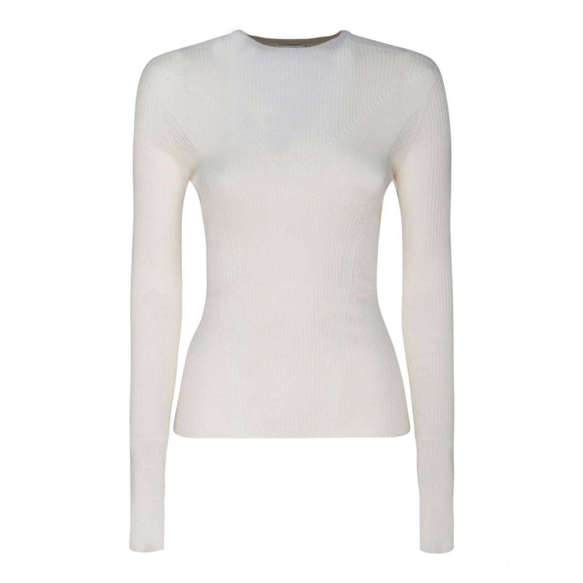 Milk White Cashmere Long Sleeve Ribbed Knit Top