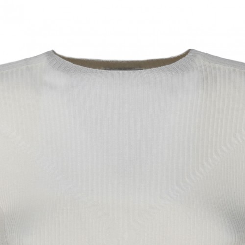 Milk White Cashmere Long Sleeve Ribbed Knit Top