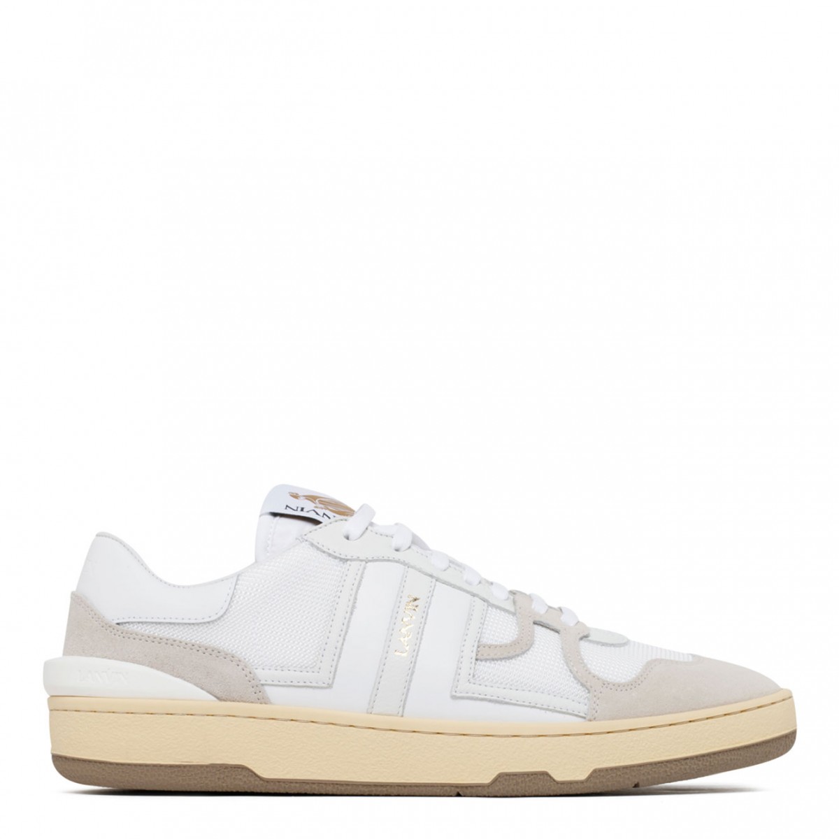 White and Beige Calf Leather Clay Sneakers