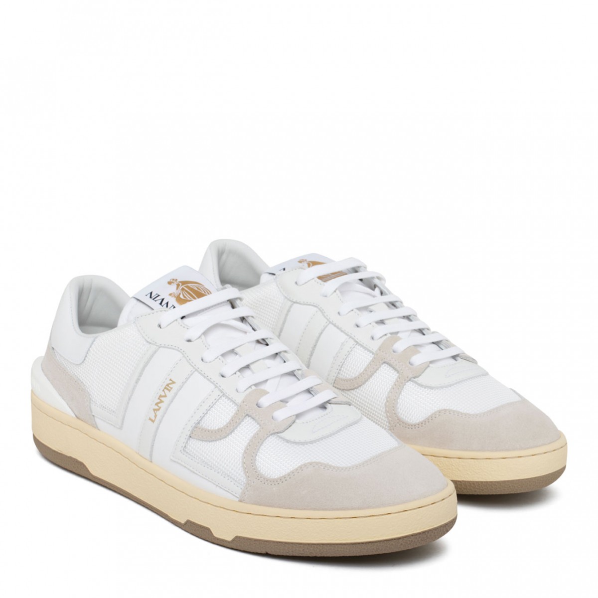 White and Beige Calf Leather Clay Sneakers