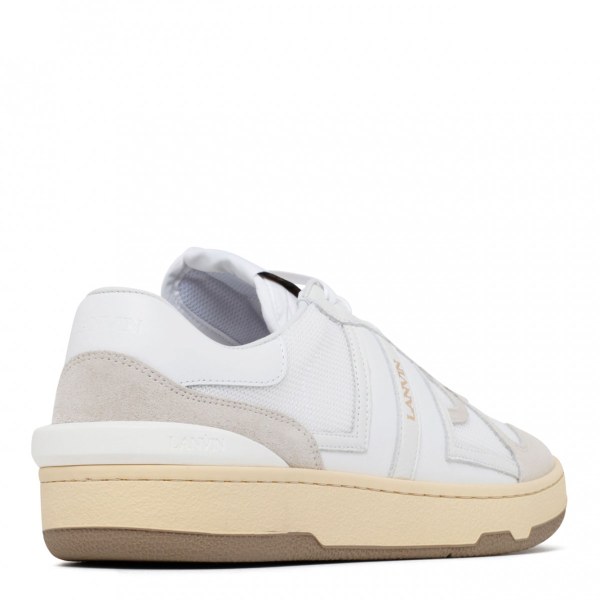White and Beige Calf Leather Clay Sneakers